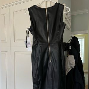 NWT CALVIN KLEIN Sleeveless Black Faux Leather Sheath Dress Exposed Back Zip 6